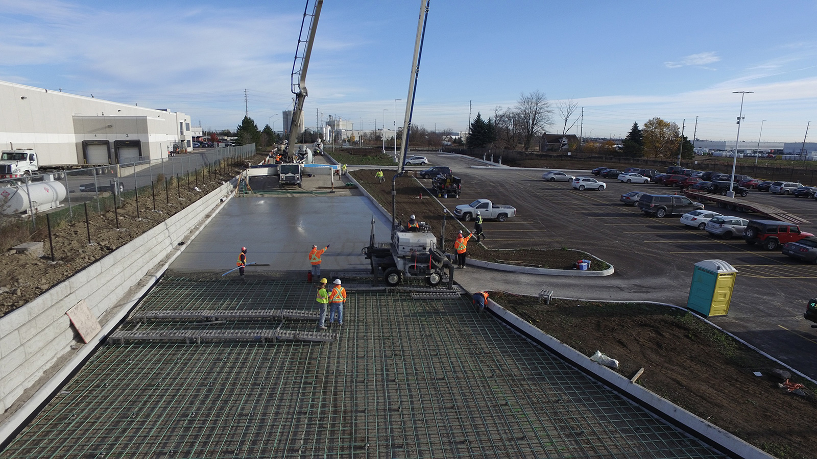 Concrete pump placing a large reinforced slab at the Canadian Tire Distribution Centre, Bolton, Ontario